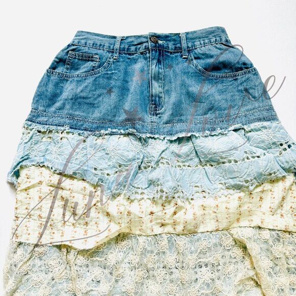POL Clothing Floral Patchwork Eyelet Ruffle Denim Maxi Skirt NEW! - Picture 7 of 13